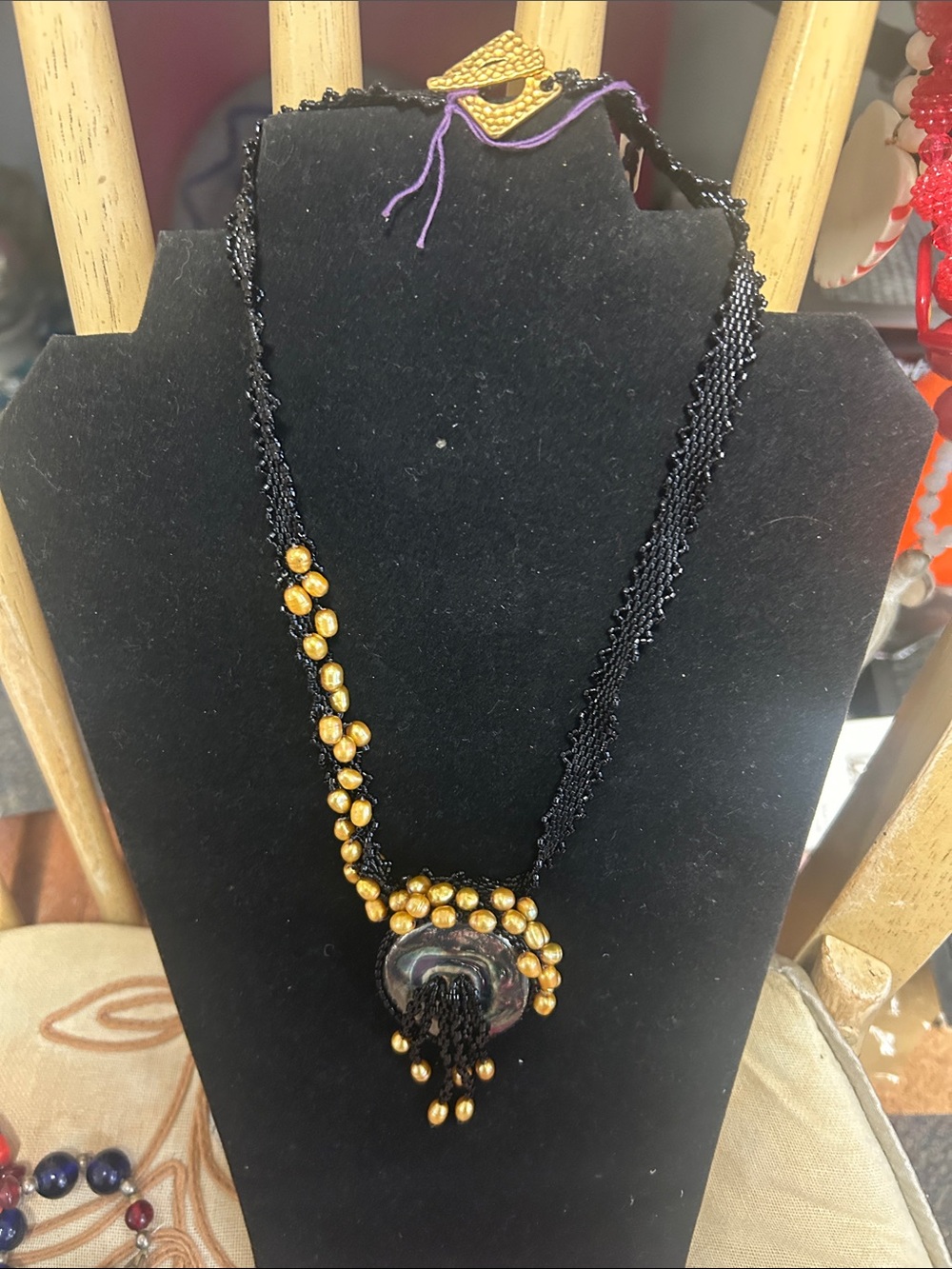 Handmade Black Beaded Pearl Necklace with Gold Accent and Pendant